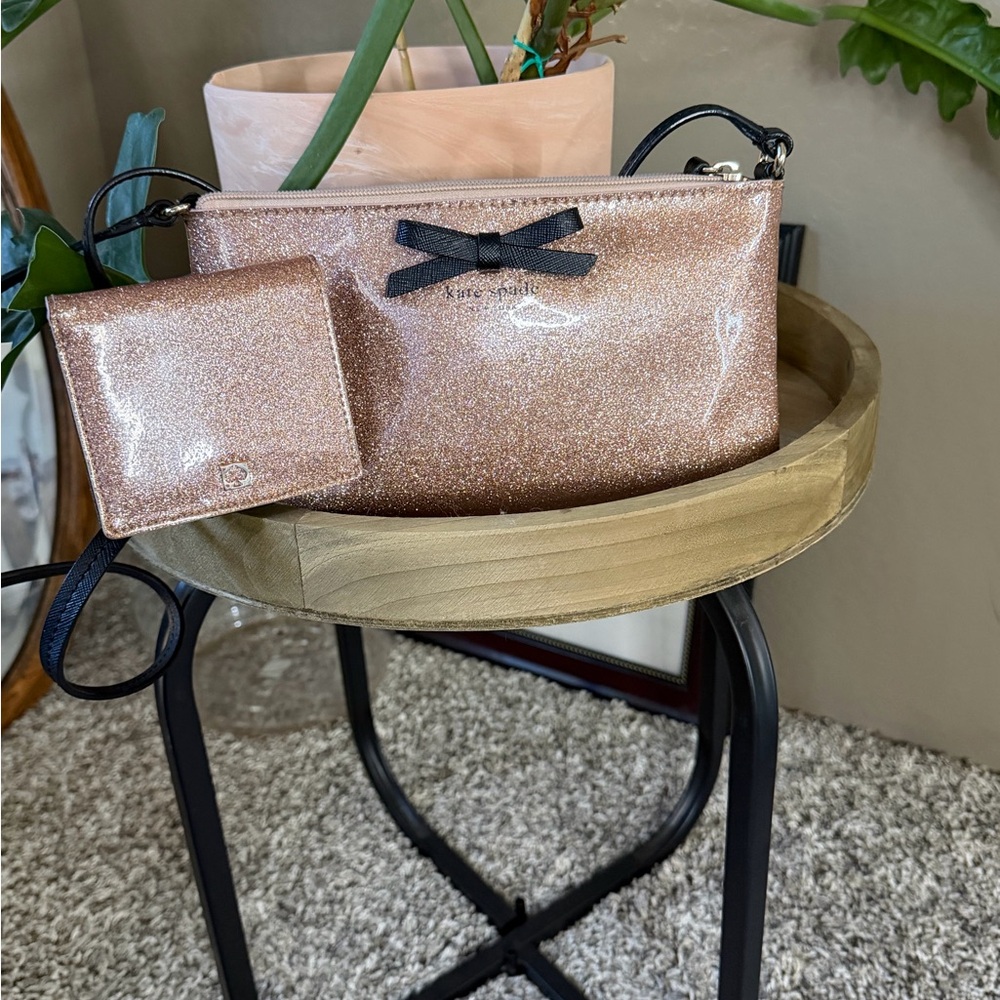 Kate Spade Rose Gold Glitter purse with matching wallet